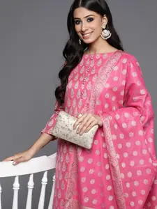 Inddus Pink Woven Design Banarasi Cotton Unstitched Dress Material
