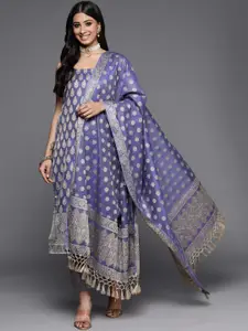 Inddus Lavender & Gold-Toned Banarasi Cotton Unstitched Dress Material
