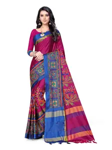 SERONA FABRICS Pink & Blue Embellished Kutchi Embroidery Silk Cotton Saree