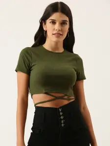 SHECZZAR Women Olive Green Solid Fitted Waist Tie-Up Detail Crop Top