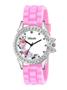 Mikado Women Brass Embellished Dial & Pink Leather Straps Analogue Watch