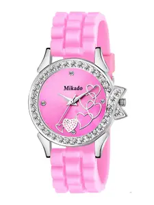 Mikado Women Pink Brass Embellished Dial & Pink Leather Wrap Around Straps Analogue Watch Pink Princess