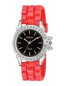 Mikado Women Black Brass Embellished Dial & Red Leather Straps Analogue Watch Charming Red