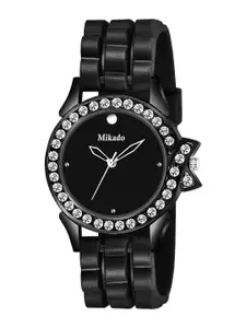 Mikado Women Black Brass Embellished Dial & Black Leather Bracelet Style Straps Analogue Watch