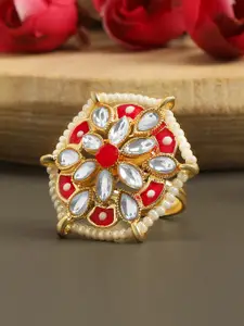 AccessHer Enamelled Gold-Plated Red & White Kundan & Pearls Beaded Finger Ring
