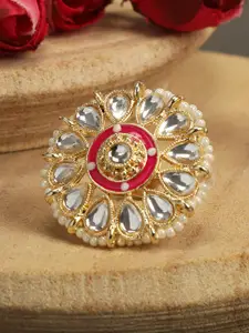 AccessHer Gold-Plated White Kundan-Studded & Pearl Beaded Adjustable Finger Ring