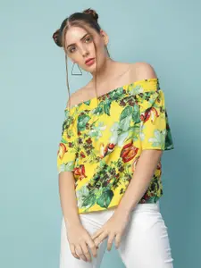 Oxolloxo Women Yellow Floral Print Off-Shoulder Bardot Top