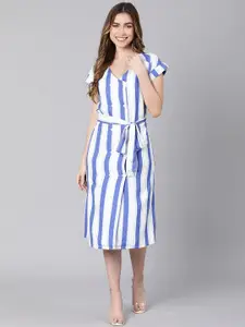 Oxolloxo Women Blue & White Striped Crepe Midi Dress