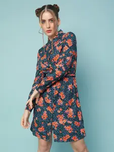 Oxolloxo Teal Floral Print Shirt Dress