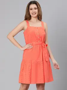Oxolloxo Women Orange Schiffli A-Line Dress
