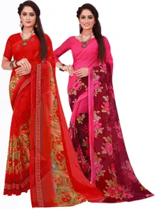 Florence Pack Of 2 Red & Magenta Floral Pure Georgette Saree