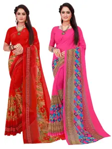 Florence Magenta & Red Set Of 2 Floral Pure Georgette Saree