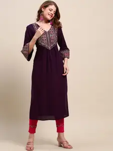 FASHOR Women Purple & Golden Geometric Yoke Design Bell Sleeves Thread Work Kurta