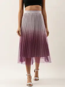 SHECZZAR Women Pink & Purple Ombre Shimmer Accordion Pleats A-Line Skirt