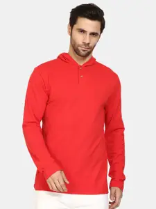 PEPLOS Men Red Solid Hooded T-shirt