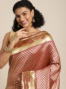 Mitera Maroon & Golden Ethnic Motifs Woven Design Banarasi Saree