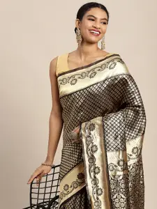 Mitera Black & Gold-Toned Woven Design Silk Blend Banarasi Saree