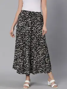Oxolloxo Women Black & White Abstract Printed Maxi Flared Skirts