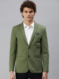 SHOWOFF Men Green Solid Single-Breasted Slim-Fit Blazer