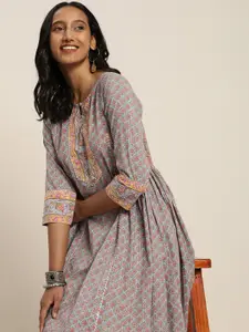 Taavi Women Blue & Pink Sanganeri Hand Block Printed A-Line Kurta