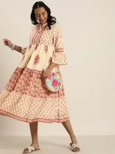 Taavi Women Cream & Pink Handblock Printed Ethnic Pure Cotton A-Line Midi Dress