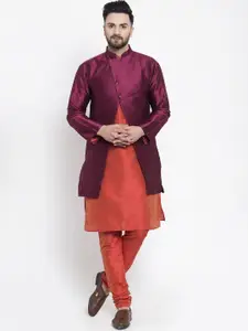 Kaifoo Men Orange & Burgundy Solid Silk Blend Kurta Set