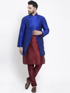 Kaifoo Men Maroon & Blue Layered Kurta with Churidar & Jacket