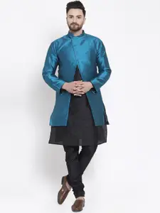Kaifoo Men Black & Blue Layered Kurta with Churidar