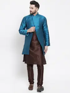 Kaifoo Men Brown & Blue Layered Kurta with Churidar & With Jacket
