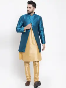Kaifoo Men Gold-Toned & Blue Layered Kurta with Churidar
