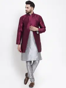 Kaifoo Men Silver-Toned Layered Kurta with Churidar & With Jacket