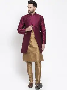 Kaifoo Men Copper-Toned & Burgundy Solid Silk Blend Kurta Set