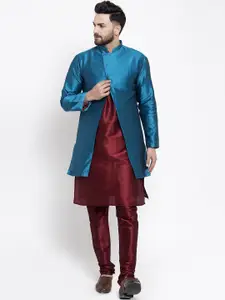 Kaifoo Men Maroon & Teal Layered Kurta with Churidar & Jacket