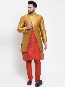 Kaifoo Men Orange Layered Kurta with Churidar & With Jacket