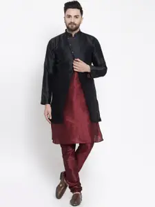Kaifoo Men Maroon & Black Kurta with Churidar & Jacket