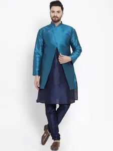 Kaifoo Men Navy Blue Layered Kurta & Churidar With Jacket