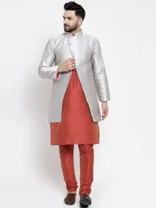 Kaifoo Men Orange & Grey Layered Kurta with Churidar & Jacket