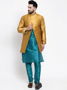 Kaifoo Men Green Layered Kurta with Churidar & With Jacket