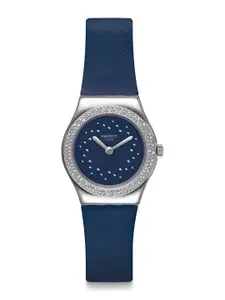 Swatch Women Blue Embellished Dial & Blue Leather Straps Analogue Watch YSS333