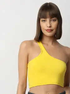 Disrupt Yellow Solid One Shoulder Fitted Crop Top