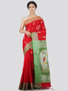 PinkLoom Red & Green Woven Design Saree