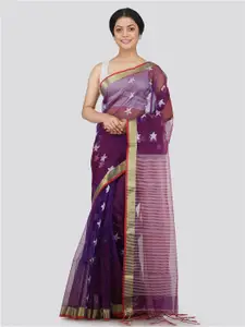 PinkLoom Purple & White Woven Design Pure Silk Saree