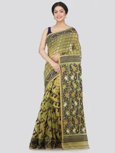PinkLoom Yellow & Black Woven Design Pure Cotton Jamdani Saree
