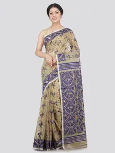 PinkLoom Beige & Blue Woven Design Pure Cotton Jamdani Saree