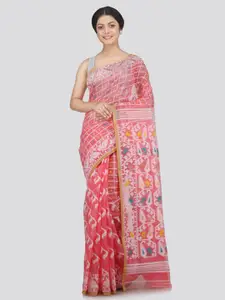 PinkLoom Pink & Blue Woven Design Pure Cotton Jamdani Saree
