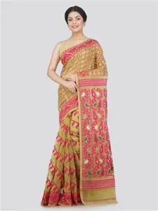 PinkLoom Yellow & Pink Woven Design Pure Cotton Jamdani Saree