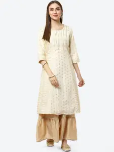Rangriti Women Off White Geometric Printed Brocade Kurta