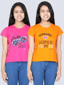 StyleStone Girls Fuchsia & Orange Pack Of 2 Printed T-shirts