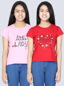 StyleStone Girls Red & Pink Pack Of 2 Printed T-shirts