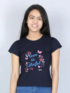 StyleStone Girls Navy Blue Typography Printed T-shirt